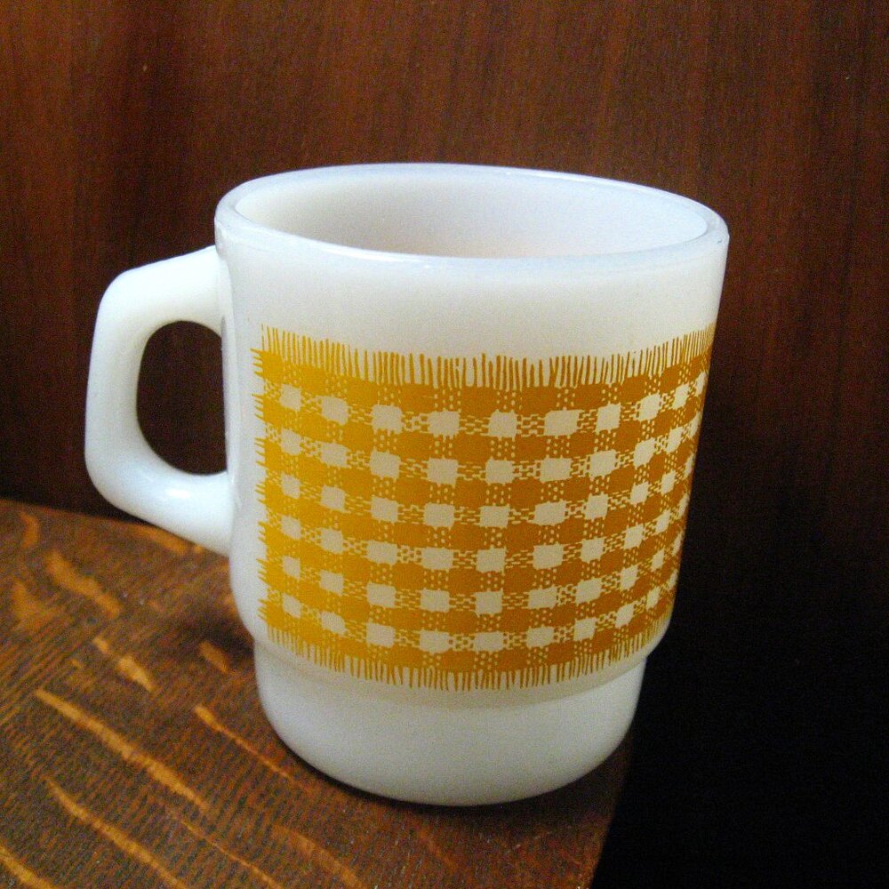 Fire King Milk Glass Yellow Gingham Coffee Cup Mug